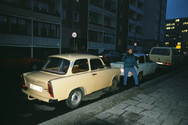 Julie with two Trabants near her hotel